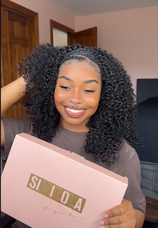 @melanin.monroeee1 Same 20inch Glueless Kinky Curly 3 In 1 Half Wig Drawstring Band Wear Go Wig Invisible Hairline