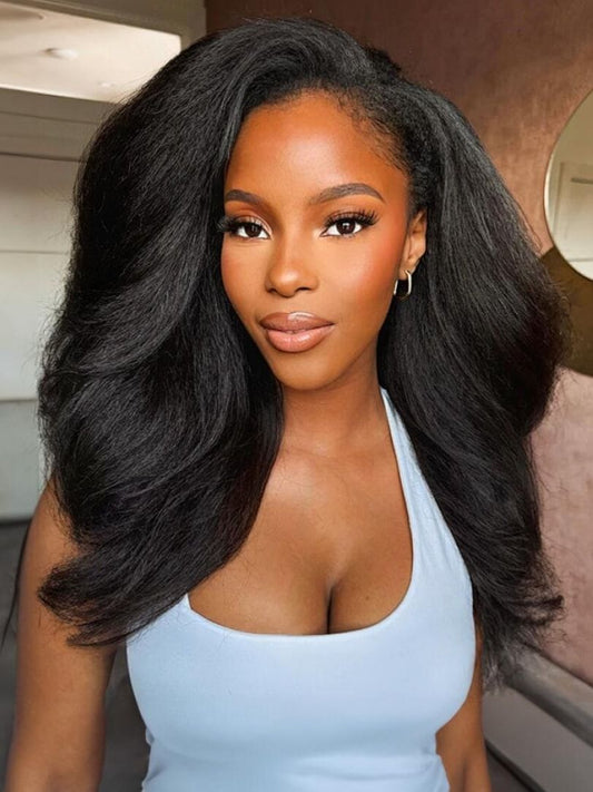 New In|Simidola Glueless Kinky Straight 3 In 1 Half Wig Drawstring Band Wear Go Wig Invisible Hairline