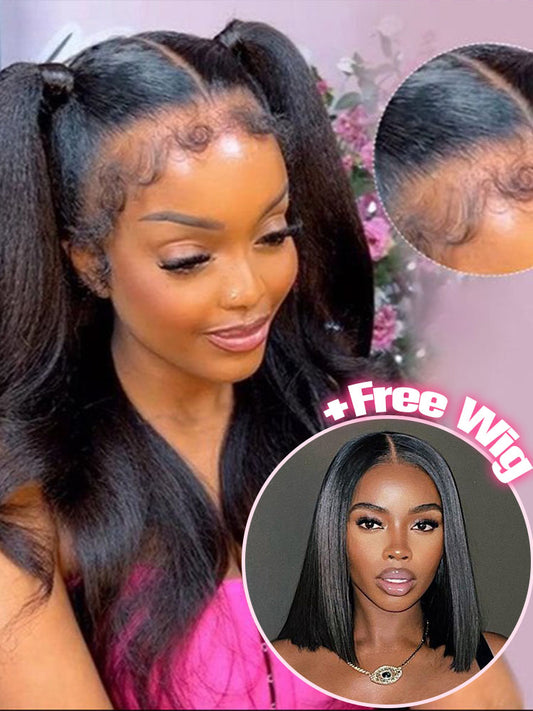 Buy 1 Get 1 Free| Type 4C Kinky Edges Kinky Straight 13x4 Lace Wig 200% Density & Free 10 inch 4x6 Wear Go Straight Hair Wig