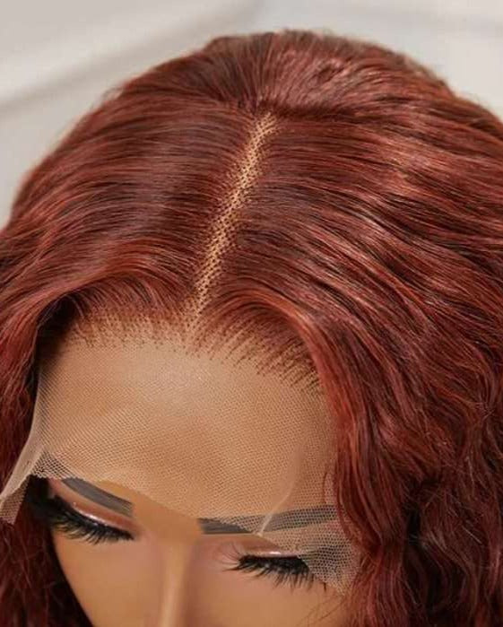 Simidola Glueless 5x5 Transparent Lace Dark Copper Red Curly Closure Wig Natural Pre-plucked