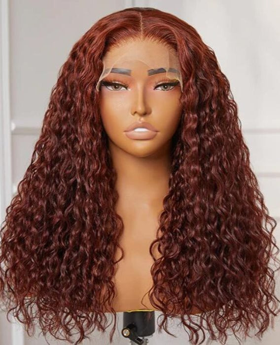 Simidola Glueless 5x5 Transparent Lace Dark Copper Red Curly Closure Wig Natural Pre-plucked