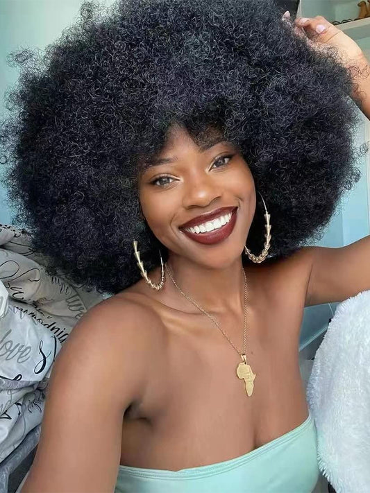 Simidola Glueless Afro Curly Bangs Wig Short Bob Fluffy Full Machine Made Human Hair Wig