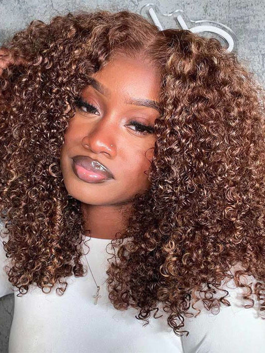 Pre-Plucked | Simidola Highlight Brown Wear Go 4x6 Lace Kinky Curly Bob Wig