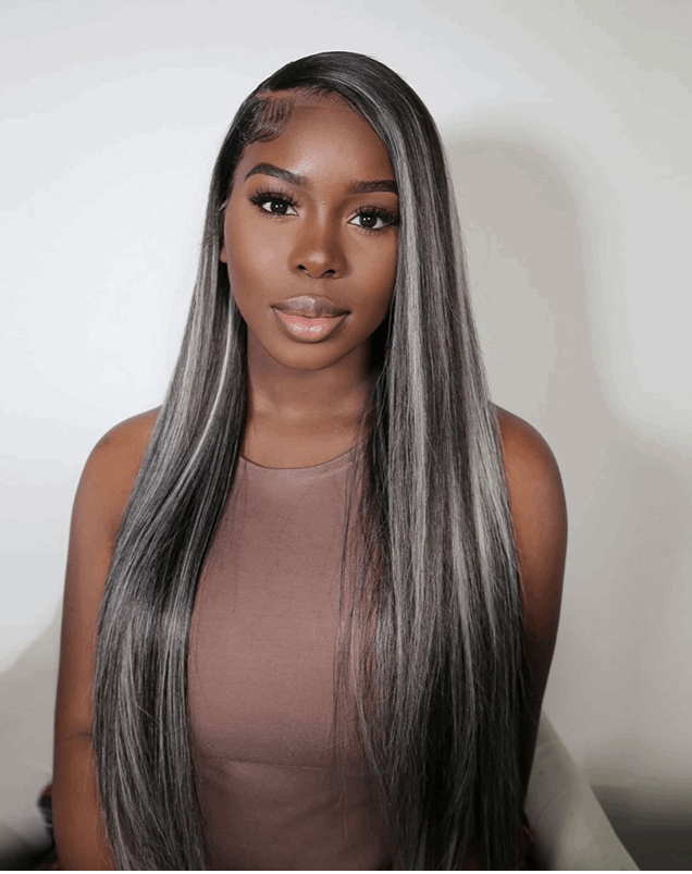 Simidola 13x4 HD Lace Platinum Gray And Black Straight Highlights Hair Lace Front Wigs