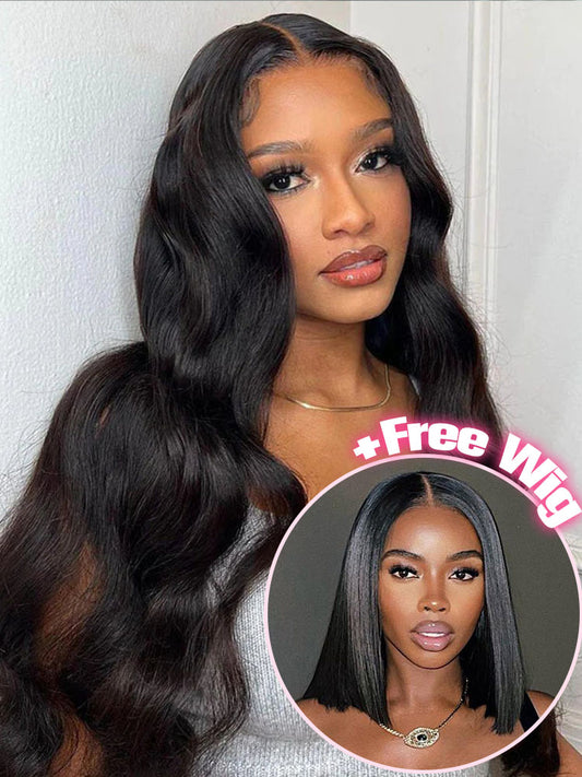 Buy 1 Get 1 Free| Simidola 13x4 Lace 200% Density Body Wave Hair Wig & Free 10 inch 4x6 Wear Go Straight Hair Wig