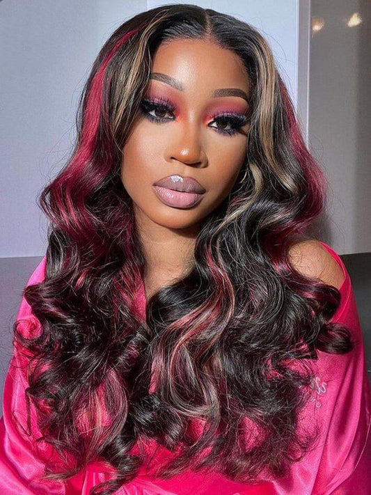 Simidola Black with Red & Blonde Highlights Body Wave Lace Front Wig