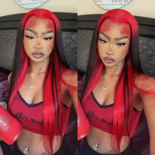 Simidola 4*4/13*4 Lace Demon Red & Black Two Tones Long Straight Human Hair Wig