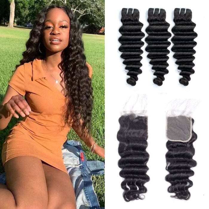 Simidola 3Pcs Hollywood Wave Bundles with 4x4 Loose Deep Closure 10A Grade 100% Human Virgin Hair