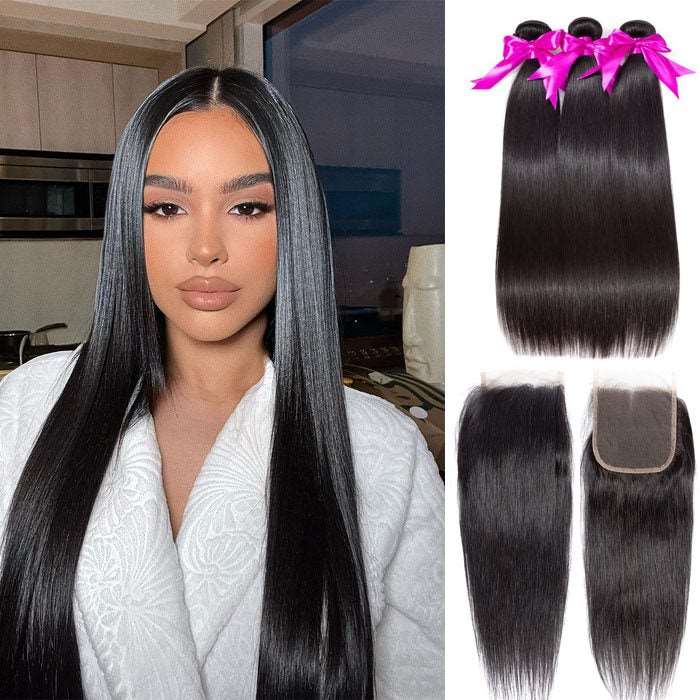 Simidola 3Pcs Straight Bundles with 4x4 Closure 10A Grade 100% Human Virgin Hair