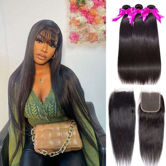 Simidola 3Pcs Straight Bundles with 4x4 Closure 10A Grade 100% Human Virgin Hair