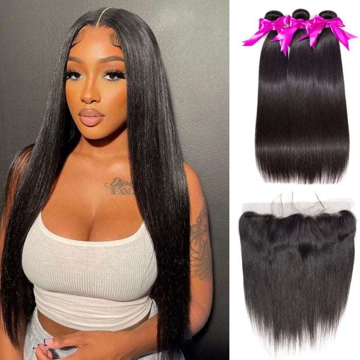 Simidola 3Pcs Straight Bundles with 13x4 Frontal 10A Grade 100% Human Virgin Hair