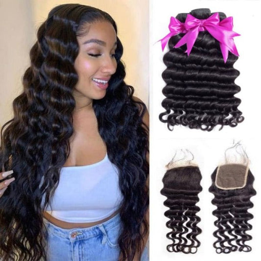 Simidola 3Pcs Loose Deep Wave Bundles with 6x6 Loose Deep Closure 10A Grade 100% Human Virgin Hair