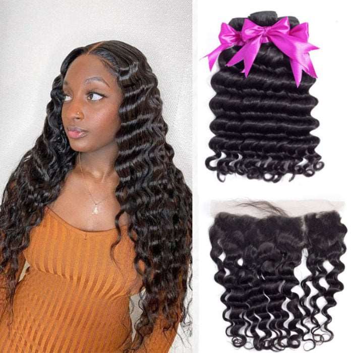 Simidola 3Pcs Loose Deep Wave Bundles with 13x4 Frontal 10A Grade 100% Human Virgin Hair