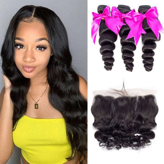 Simidola 3Pcs Loose Wave Bundles with 13x4 Frontal 10A Grade 100% Human Virgin Hair