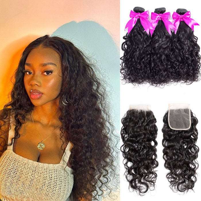 Simidola 3Pcs Natural Wave Bundles with 4x4 Closure 10A Grade 100% Human Virgin Hair