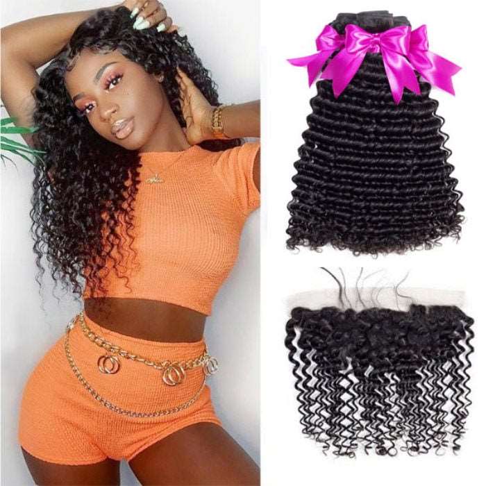 Simidola 3Pcs Deep Wave Bundles with 13x4 Frontal 10A Grade 100% Human Virgin Hair