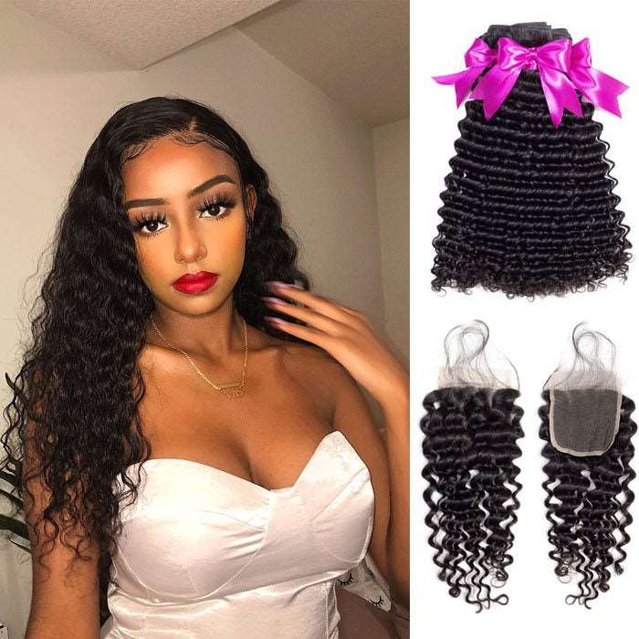 Simidola 3Pcs Deep Wave Bundles with 4x4 Closure 10A Grade 100% Human Virgin Hair