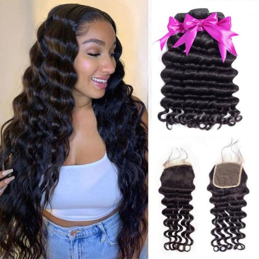 Simidola 3Pcs Loose Deep Wave Bundles with 4x4 Loose Deep Closure 10A Grade 100% Human Virgin Hair