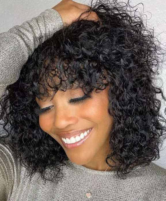 Simidola Glueless No Lace with Bangs Short Kinky Curly Wig 100% Human Hair