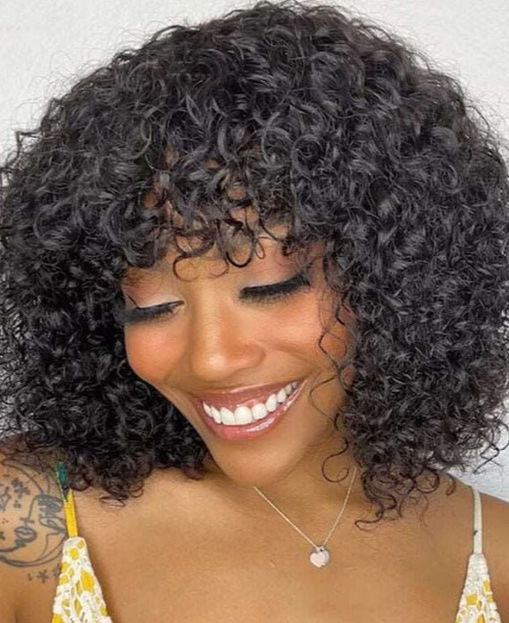 Simidola Glueless No Lace with Bangs Short Kinky Curly Wig 100% Human Hair