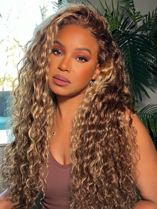 Simidola Brown Highlight 4x4/13x4 Lace Water Wave Wig Pre-plucked