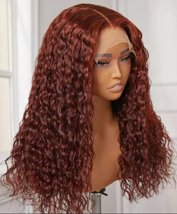 Simidola Glueless 5x5 Transparent Lace Dark Copper Red Curly Closure Wig Natural Pre-plucked