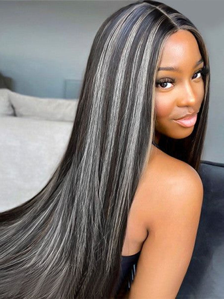 Simidola 4x4 13x4 Platinum Gray And Black Straight Highlights Hair Lac Simidola Hair