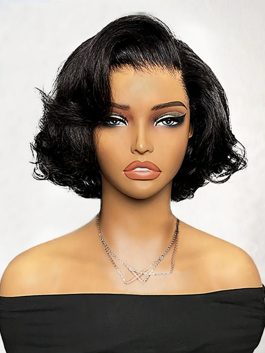 Layered Fluffy Blowout Style Bob Wear Go Glueless 4x6 Lace Closure Wig Yaki Straight HD Lace/ Brown Color Transparent Wig