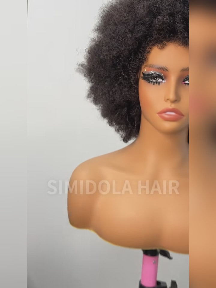 Simidola Glueless Afro Curly Bangs Wig Short Bob Fluffy Full Machine Made Human Hair Wig