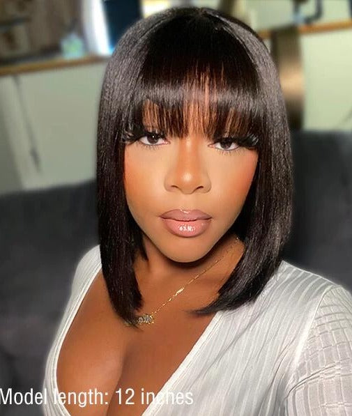 Simidola 4x4 Transparent/HD Lace Yaki Straight Bob Wig With Bangs