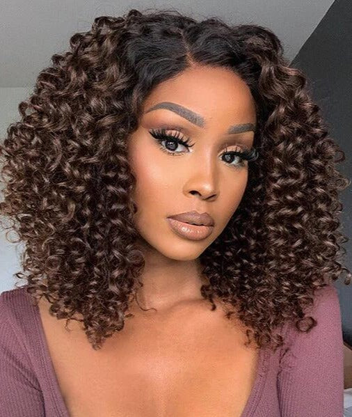 Simidola 4x4 HD Lace Ombre Brown Bouncy Curly Glueless Closure Wig