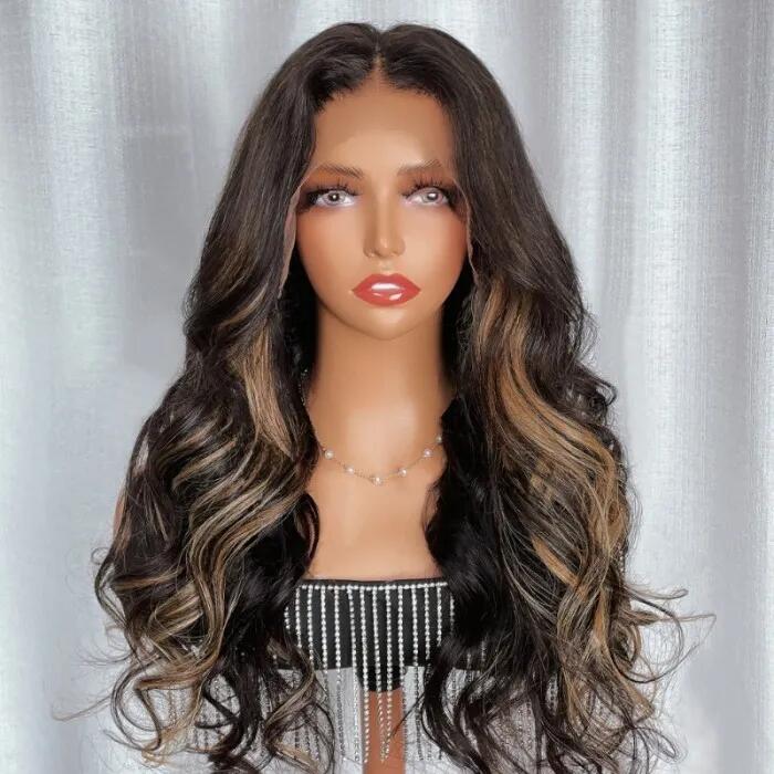 Simidola 13x4 Transparent Lace Chocolate Brown With Peek A Boo Blonde Highlights Loose Wave Wig