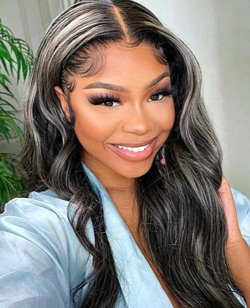 Simidola 13x4 HD Lace Platinum Gray And Black Straight Highlights Hair Lace Front Wigs