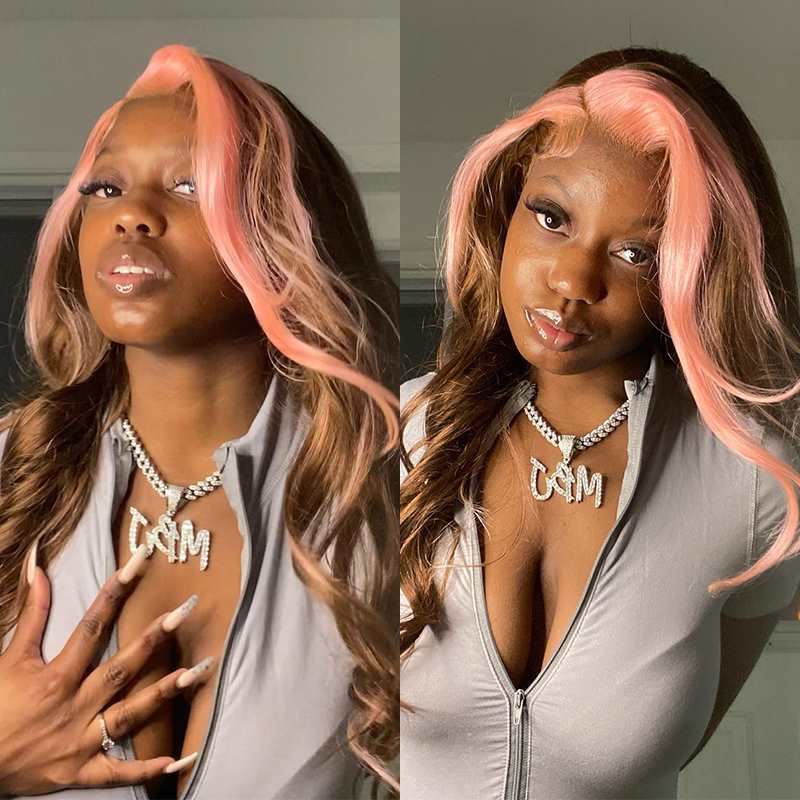 Simidola 13x4 Transparent Lace Strawberry Pink & Chocolate Skunk Stripe Color Front Wig