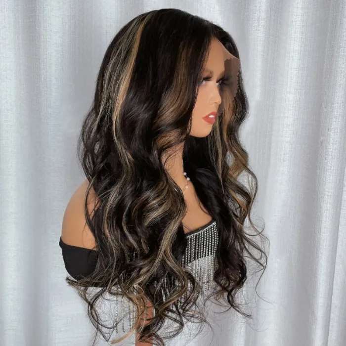 Simidola 13x4 Transparent Lace Chocolate Brown With Peek A Boo Blonde Highlights Loose Wave Wig