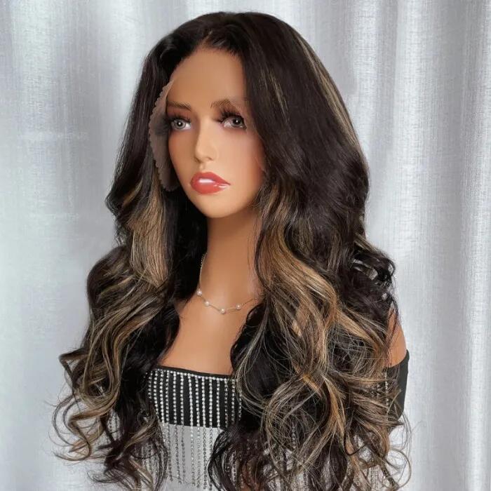 Simidola 13x4 Transparent Lace Chocolate Brown With Peek A Boo Blonde Highlights Loose Wave Wig