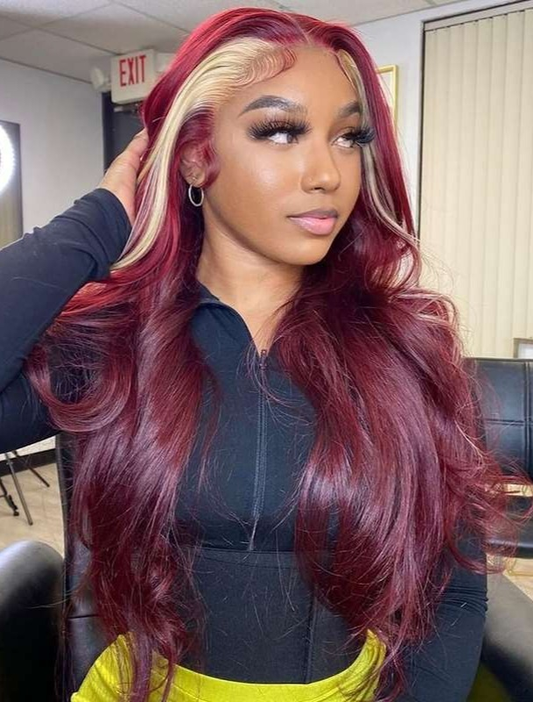 Simidola 13x4 HD Lace Red Wine & Blonde Skunk Stripe Lace Front Wig