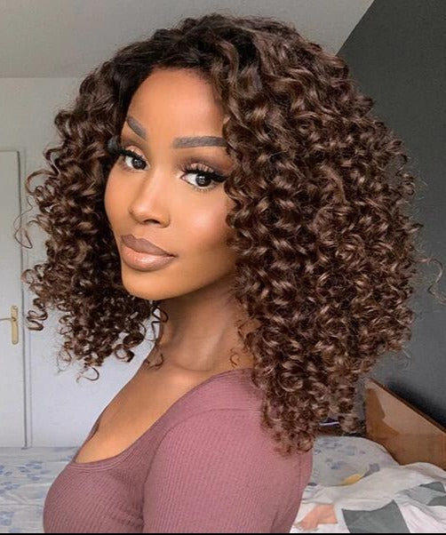 Simidola 4x4 HD Lace Ombre Brown Bouncy Curly Glueless Closure Wig