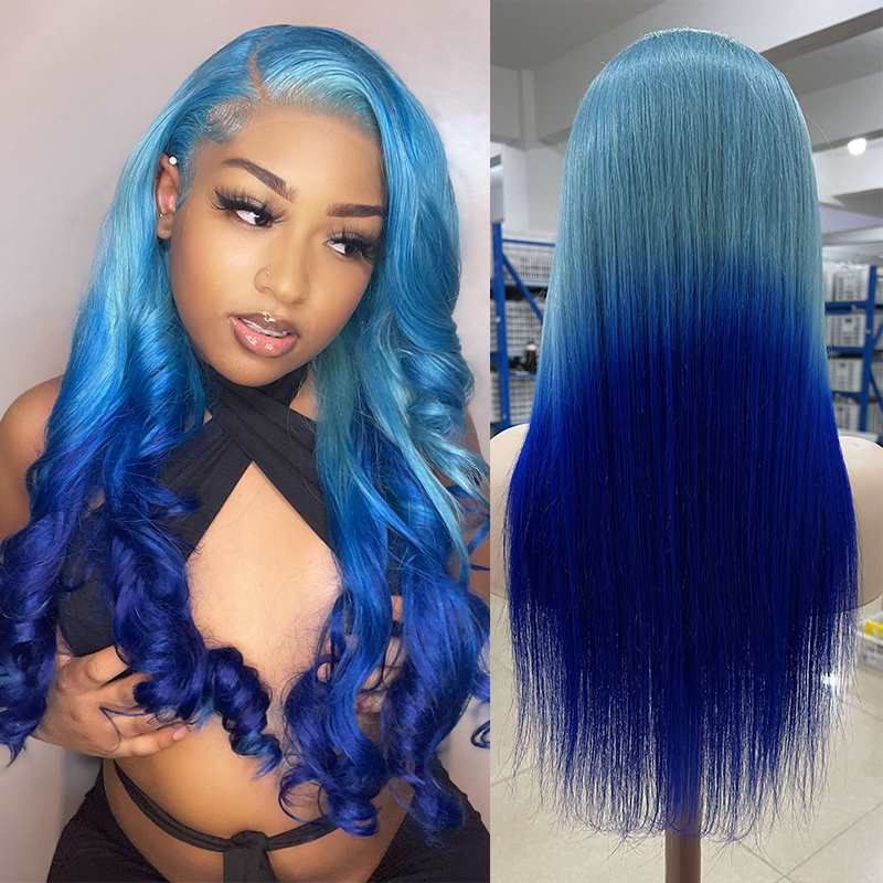 Simidola 13x4 Transparent Lace Adore Baby Blue Ombre Color Straight Front Wig