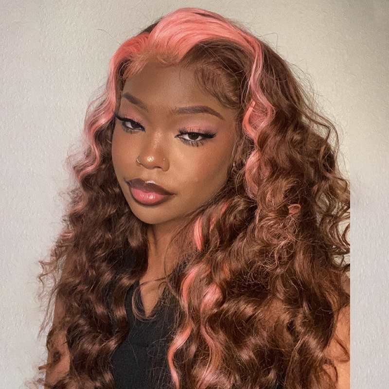 Simidola 13x4 Transparent Lace Strawberry Pink & Chocolate Skunk Stripe Color Front Wig